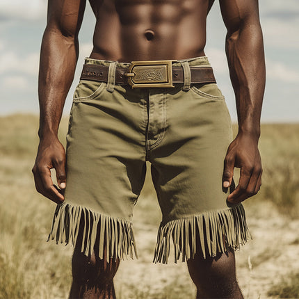 Men's Denim Fringe Shorts | Western Style | Vintage Look | Summer Casual | Music Festival Outfit | Durable Denim Fabric | Regular Fit | Knee Length | Classic Pocket Design | Sizes S-3XL | Adventure Ready