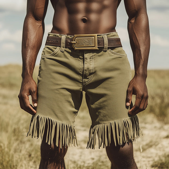Men's Denim Fringe Shorts | Western Style | Vintage Look | Summer Casual | Music Festival Outfit | Durable Denim Fabric | Regular Fit | Knee Length | Classic Pocket Design | Sizes S-3XL | Adventure Ready