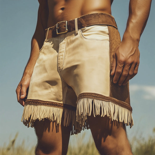 Men's Western Cowboy Style Shorts | Summer Colorblock Tassel Design | Cotton Blend | Mid-Thigh Length | Breathable & Comfortable | Sizes S-3XL | Festival Fashion Essentials | Practical Pockets | Machine Washable