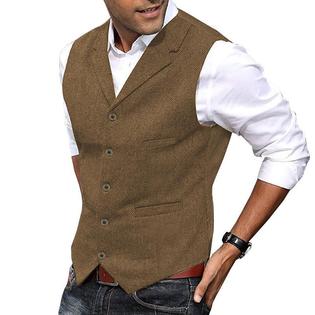Men's Slim Fit Herringbone Suit Vest | Vintage Style | Single Breasted | Notch Lapel | Wool Blend | Elegant Formal & Smart Casual Layering | Adjustable Back Strap | Versatile Colors & Sizes