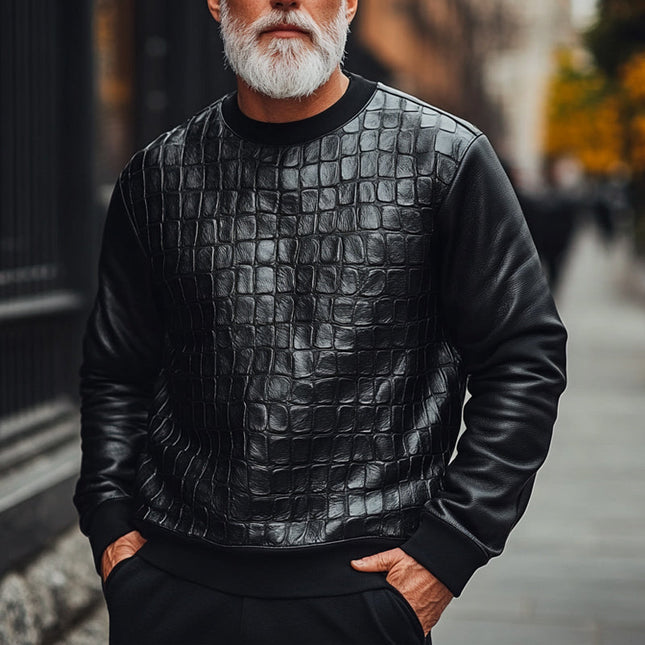Men's Sweatshirt | Black Crocodile Leather | Fashion-Forward Crew Neck | Long Sleeve | Textured Design | Tailored Fit | Premium Quality | Unique Statement Piece | Luxurious Casual Wear