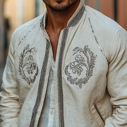 Men's Embroidered Cotton Linen Jacket | Mandarin Collar | Long Sleeve | Lightweight Spring Outerwear | Breathable Fabric | Versatile Fashion | Multiple Sizes Available | Modern Sophistication | Casual to Formal Wear