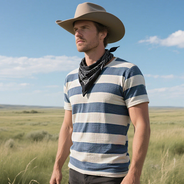 Men's Retro T-Shirt | Casual Western Cowboy Style | Striped Waffle Knit | Short Sleeve | Breathable | Crew Neck | Vintage Inspired | Comfortable Fit | Soft Fabric | Ideal for Spring Summer | Versatile Fashion