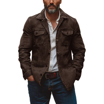 Men's Vintage Leather Jacket | Heavy Washed Leather | Lapel Collar | Single Breasted | Multi-Pocket Design | Durable Outerwear | Classic Style | Casual Workwear