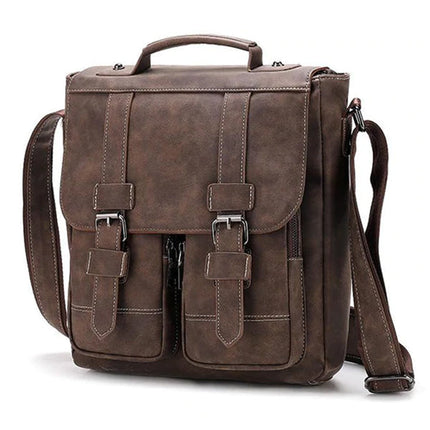 Vintage Leather Shoulder Bag | Multi-Pocket Crossbody | Waterproof PU Leather | Adjustable Strap | Travel, Work, Hiking, Shopping | Fits Mini Tablet, Umbrella, Wallet, Mobile Power | Dimension: 28cm x 8cm x 30cm
