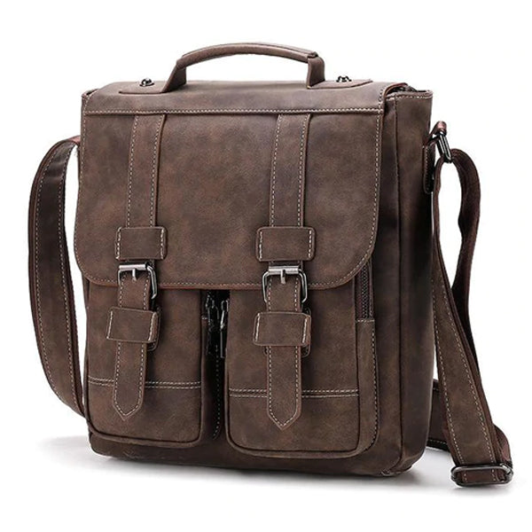 Vintage Leather Shoulder Bag | Multi-Pocket Crossbody | Waterproof PU Leather | Adjustable Strap | Travel, Work, Hiking, Shopping | Fits Mini Tablet, Umbrella, Wallet, Mobile Power | Dimension: 28cm x 8cm x 30cm