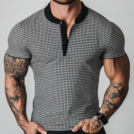 Men's Retro Houndstooth Patchwork T-Shirt | Henry Collar Slim Fit | Short Sleeve | Stylish Casual Top | Fashionable Men's Shirt | Comfortable Versatile Apparel | Modern Classic Design