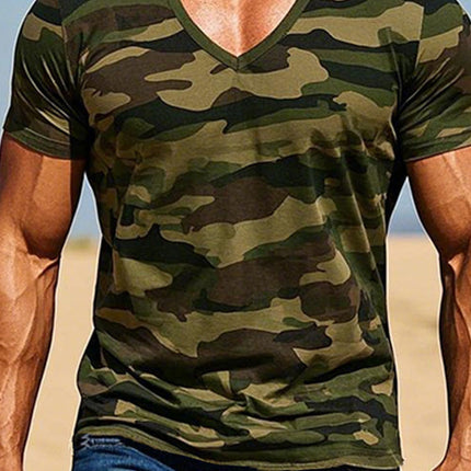 Men's Camo V-Neck T-Shirt | Short Sleeve | Army Green Camouflage | Casual Wear | High Quality Knitted Fabrics | Classic Camouflage Pattern | Bold Confident Look | Available in Sizes S-XXXL