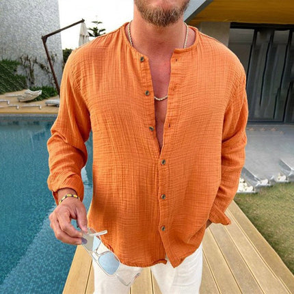Men's Long-Sleeve Dress Shirt | Cotton Linen Blend | Solid Color | Button-Down Collar | Versatile Casual & Formal Wear