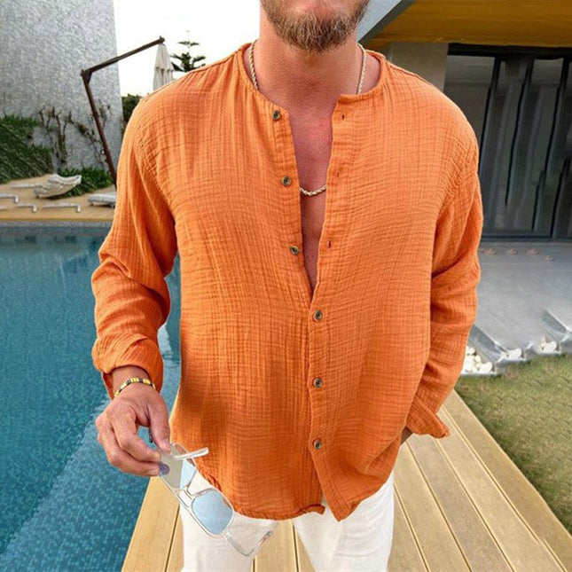 Men's Long-Sleeve Dress Shirt | Cotton Linen Blend | Solid Color | Button-Down Collar | Versatile Casual & Formal Wear