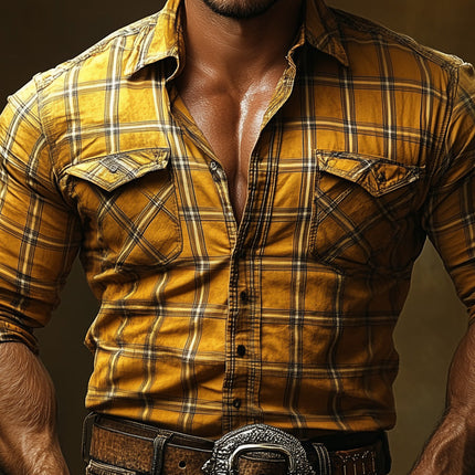 Men's Retro Yellow Check Shirt | Vintage Style Long Sleeve Button-Down | Breathable Comfort Fabric | Classic Pattern | Versatile Fit | Stylish Dress Shirt for Casual or Formal Looks