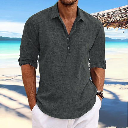 Men's Solid Color Pullover Shirt | Cotton & Linen Blend | Lapel Collar | Roll-Up Sleeves | Casual Long Sleeve Top | Breathable Fabric | Versatile Style