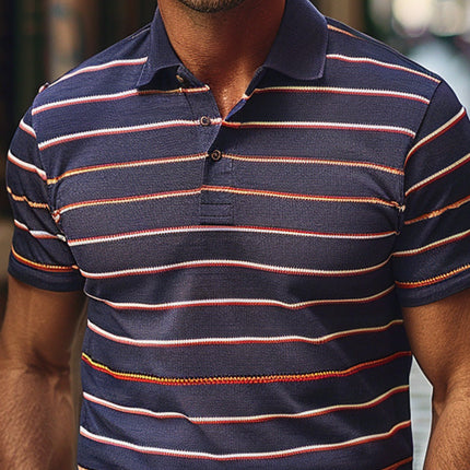 Men's Striped Short Sleeve Polo Shirt | Breathable Fabric | Classic Polo Collar | Navy with Vibrant Stripes | Casual Wear | Available in Sizes S-XXXL