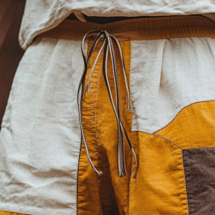 Men's Linen Shorts | Contrast Color Patchwork Design | Casual Elastic Waist | Breathable Summer Wear | Versatile for Beach & Outings | Sizes S-XXXL