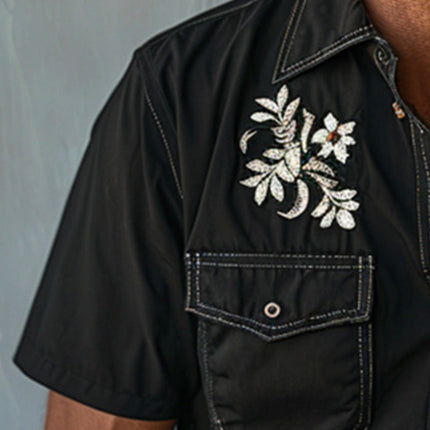 Men's Western Light Denim Short Sleeve Shirt | Floral Embroidered | Casual Point Collar | Size S-XXXL | Summer Fashion | Comfortable Fabric