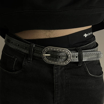 Men's Vintage Distressed Genuine Leather Belt | Engraved Embossed Design | High-Quality Material | Classic Buckle | Stylish & Durable | Versatile for Casual & Semi-Formal Outfits | Multiple Sizes Available
