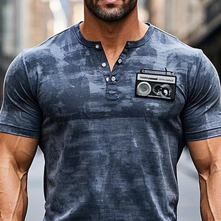 Men's Tie-dye V-neck Henley T-shirt | Short Sleeve Graphic Print | Casual Style | Button Closure | Soft Breathable Fabric | S-XXXL