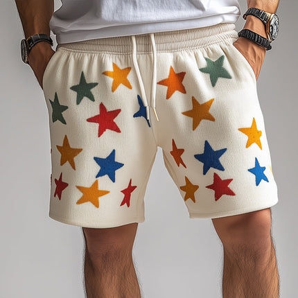 Men's Retro Casual Knit Shorts | Colorful Star Pattern | Elastic Drawstring Waist | Relaxed Fit | Lightweight Breathable Fabric | Sizes S-3XL | Perfect for Summer | Stylish Comfort for Casual Wear