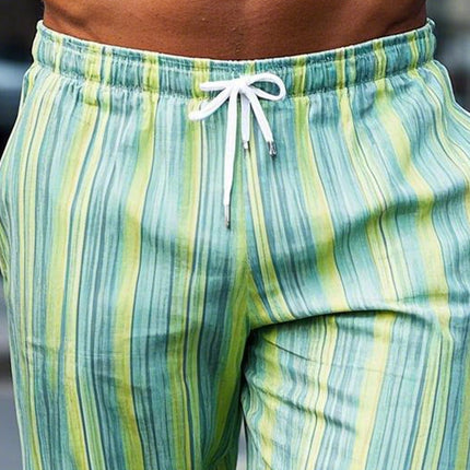 Men's Green Yellow Striped Casual Shorts | Elastic Waistband | Adjustable Drawstring | Above-the-Knee Length | Summer Beachwear | Lightweight Fabric | Sizes S-XXXL | Colorful Outdoor Shorts