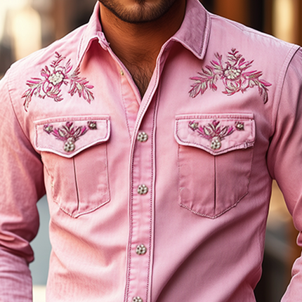 Men's Retro Western Shirt | Cotton Blend | Embroidered Long Sleeve | Classic American Style | Casual or Country Wear | Snap Buttons | Relaxed Fit | Breathable Fabric | Versatile Layering | Easy Care
