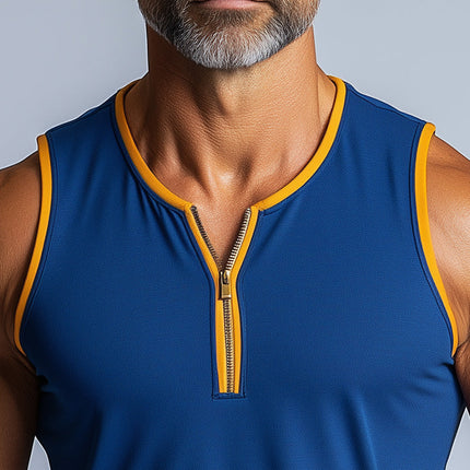 Men's V-Neck Zipper Sports Tank Top | Summer Fashion | Contrast Color | Breathable Fabric | Flexible Fit | Casual & Athletic Wear