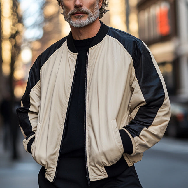 Men's Retro Zipper Baseball Jacket | Black Camel Colorblock | Ribbed Collar Cuffs Hem | Vintage Style Outerwear | Long Sleeves | Regular Fit | Polyester Cotton Blend | Casual Sporty Look