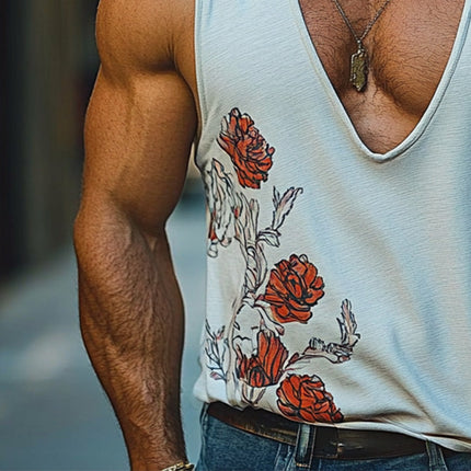 Men's Sleeveless Floral Tank Top | Deep V Neck | Breathable Lightweight Fabric | Versatile for Warm Weather | Soft Comfortable Fit | Sizes S-XXXL