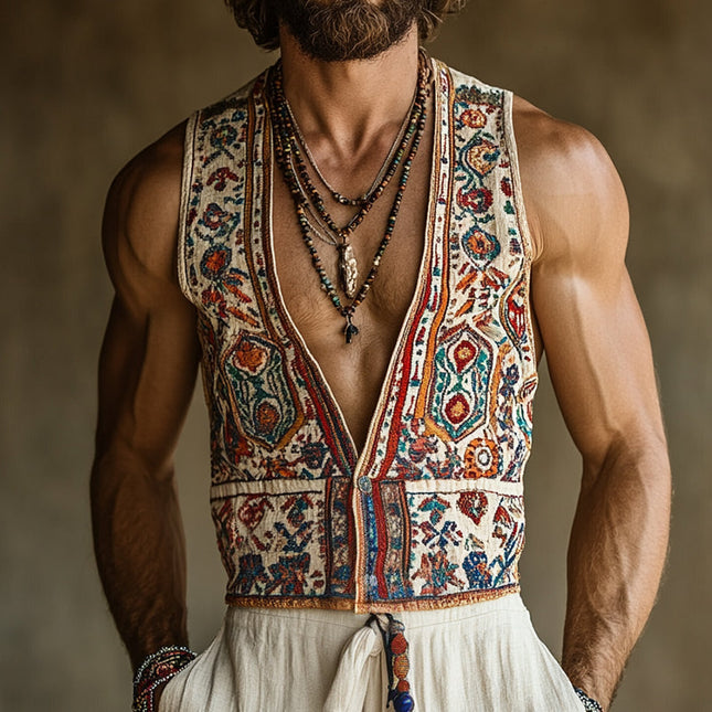Men's Vest | Retro Ethnic Style | Geometric Print | Linen | Collarless | Sleeveless | Casual Wear | Comfortable & Breathable | Lightweight | Ideal for Spring & Summer | Versatile Layering | Fashionable Outerwear