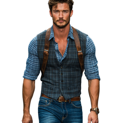 Men's Slim Fit Vest | Vintage Plaid Pattern | Blended Fabric | V-Neck Design | Sleeveless | Smart Casual and Formal Wear | Button-Front Closure | Versatile Layering Piece | Sizes S to XXXL