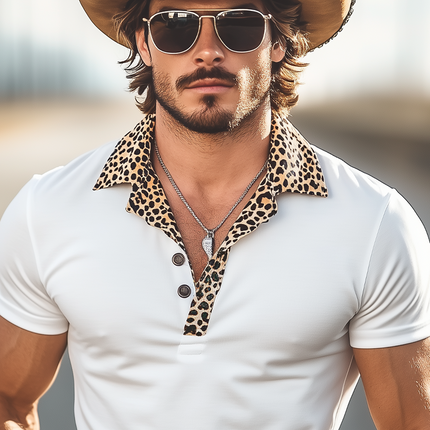 Men's Leopard Print Polo Shirt | Retro Western Style | Casual Cotton Blend | Short Sleeves | Spring & Summer Fashion | Classic Comfortable Design