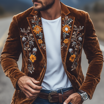 Men's Velvet Blazer | Classic Retro Slim Fit | Single Breasted | Embroidered Design | Elegant Outerwear | Formal & Stylish Events | Luxurious Craftsmanship | Sophisticated Garment | Versatile Fashion Piece