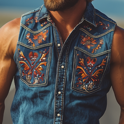 Men's Denim Sleeveless Shirt | Summer Fashion | Retro Western Style | Cowboy Embroidery | High-Quality Fabric | Breathable Comfort | Stylish Motifs | Versatile Casual Wear