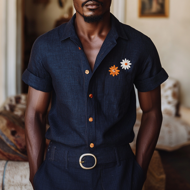 Men's Linen Shirt | Daisy Embroidery Shirt | Slim Fit Short Sleeve | Casual Lapel Collar | Breathable Lightweight Summer Top | Elegant Style for Beach | Summer Outings |