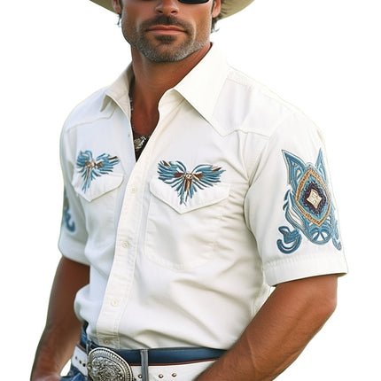 Men's Western Cowboy | Vintage Embroidered Shirt | Short Sleeve | Classic Spread Collar | Comfortable Cotton Blend | Button-Up Front | Stylish Casual Wear