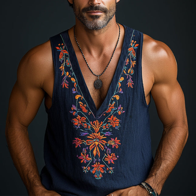 Men's Cotton Linen Tank Top | Deep V-Neck | Vintage Floral Embroidery | Sleeveless | Breathable Summer Wear | Casual Beach Festivals | Machine Washable | Sizes S-3XL