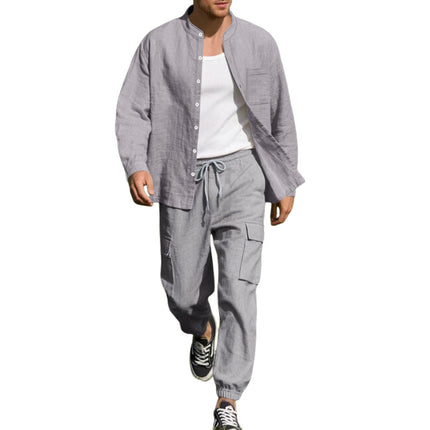 Men's Cotton Linen Long-Sleeve Shirt Trousers Set | Casual Breathable Outfit | Neutral Tone Options | Comfortable Fit for Everyday Wear