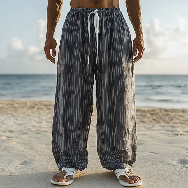 Men's Cotton Linen Pants | Breathable Stripes | Elastic Waist | Loose Wide Leg | Casual Style | Premium Fabric | Comfortable Fit | Side Pockets | Versatile Wardrobe Essential | Easy Maintenance | Multiple Sizes Available