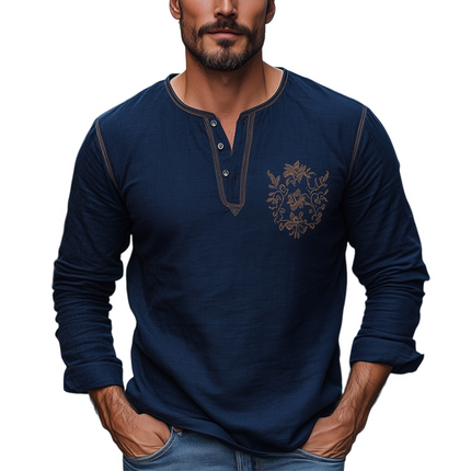 Men's Long Sleeve Henley T-Shirt | Navy Blue | Cotton Linen Blend | Embroidered Design | Button-Up Collar | Breathable Fabric | Lightweight & Soft | Versatile Casual Wear | Ideal for Layering