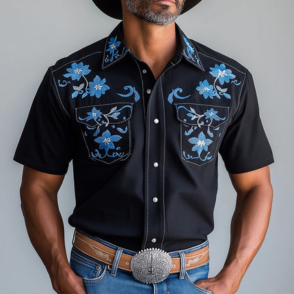 Men's Floral Embroidery Short Sleeve Shirt | Western Style | Summer Fashion Blended Fabric | Elegant & Comfortable | Tailored Fit | Versatile Design