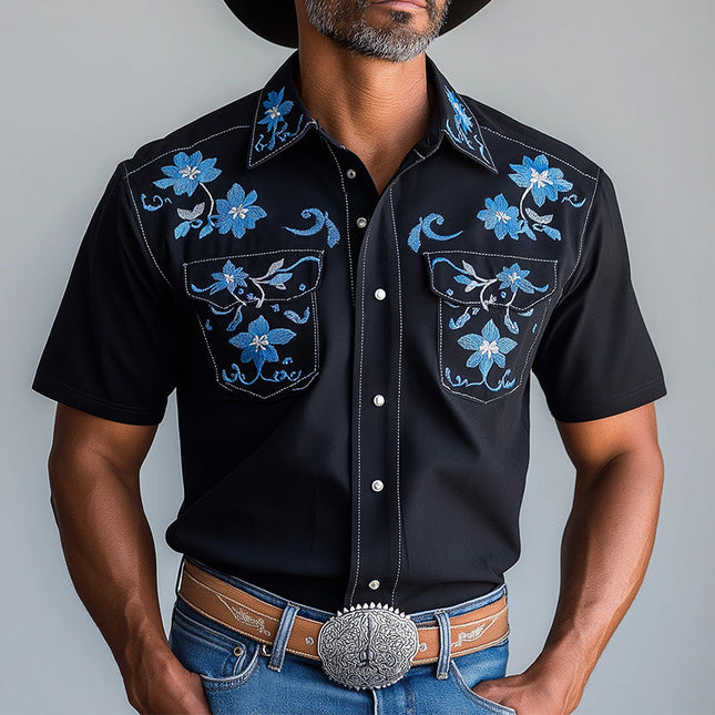 Men's Floral Embroidery Short Sleeve Shirt | Western Style | Summer Fashion Blended Fabric | Elegant & Comfortable | Tailored Fit | Versatile Design