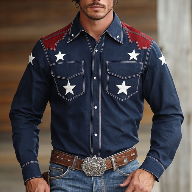 Men's Retro Western Style Shirt | Star Embroidered | Long Sleeve | Lapel Collar | Vintage Cowboy Design | Breathable Cotton | Tailored Fit | Versatile Seasonal Wear | Available in S to 3XL