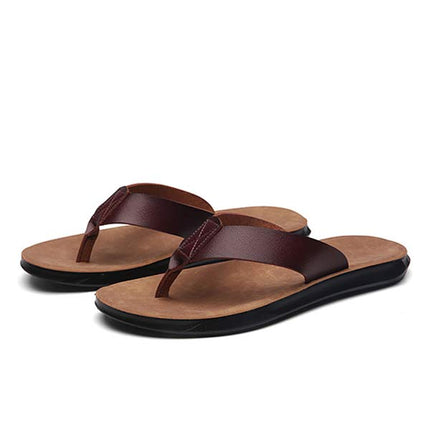 Men's Leather Beach Flip Flops | Round-Toe Sandals | Comfortable Flexible Outsole