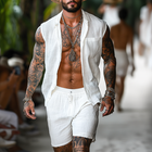 Men's Summer Set | Cotton Linen Sleeveless Shirt | Stand Collar | Elastic Waist Shorts | Breathable Casual Outfit | Beach Days | Relaxed Fit | Lightweight Fashion