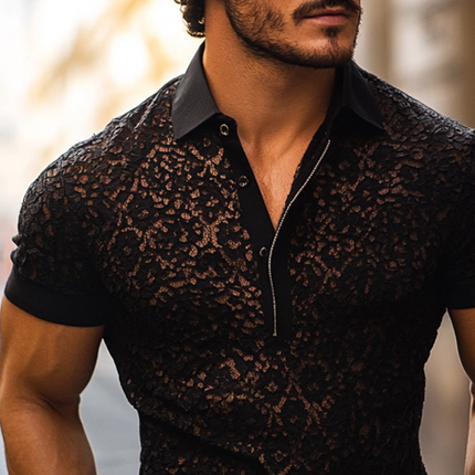 Men's Lace Lapel Polo Shirt | Short Sleeve | Casual Fashion | Soft Breathable Fabric | Button Placket | Solid Color | Elegant Collar Detail | Regular Fit | Ideal for Warm Weather | Multiple Sizes Available