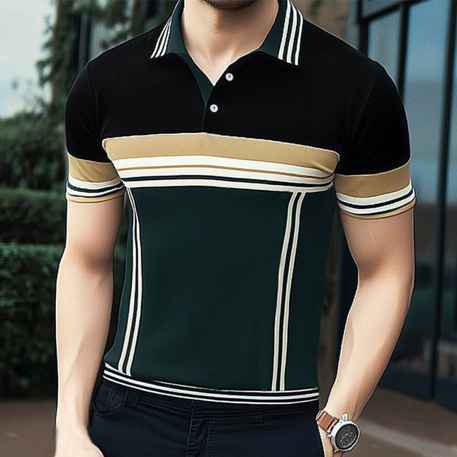 Men's Summer Business Polo Shirt | Colorblock Knitted | Short Sleeve | Classic Collar | Breathable Moisture-Wicking Fabric | Casual Office Wear | Sizes S-3XL | Fashionable Summer Top