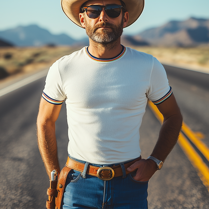 Men's Retro Western Style T-Shirt | Cotton Blend | Slim Fit | Colorful Ribbon | Short-Sleeved | Casual Cowboy Stitching | Vintage-Inspired | Breathable & Comfortable | Ideal for Everyday Wear