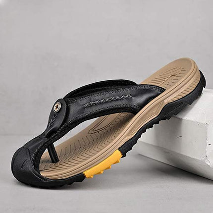 Men's Protective Toe Slip-On Flip-Flops | Vintage Leather Upper | Anti-Collision Toe Cap | Durable Rubber Outsole | Non-Slip Sole | Beach Vacation Essentials