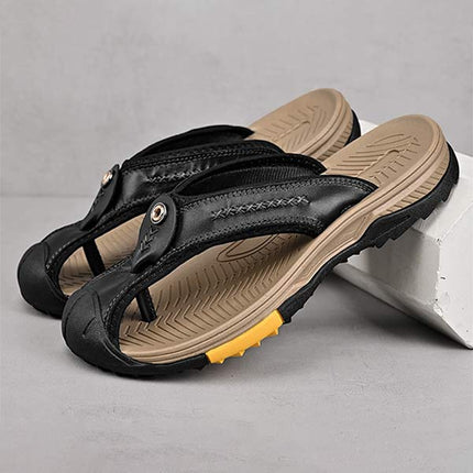 Men's Protective Toe Slip-On Flip-Flops | Vintage Leather Upper | Anti-Collision Toe Cap | Durable Rubber Outsole | Non-Slip Sole | Beach Vacation Essentials