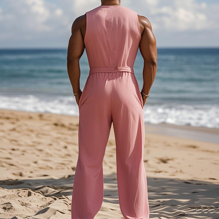 Men's Summer Jumpsuit | Hawaiian Vacation Style | Cotton Linen Blend | Deep V-Neck | Relaxed Fit | Versatile Outfit | Lightweight & Breathable | Beach Ready | Casual Wear