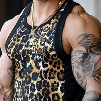 Men's Leopard Print Tank Top | Round Neck | Patchwork Details | Soft Breathable Fabric | Regular Fit | Casual Sleeveless Top | Versatile Styling | Comfortable Summer Wear